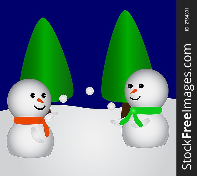 Two snowfriends playing with snowballs in a forest