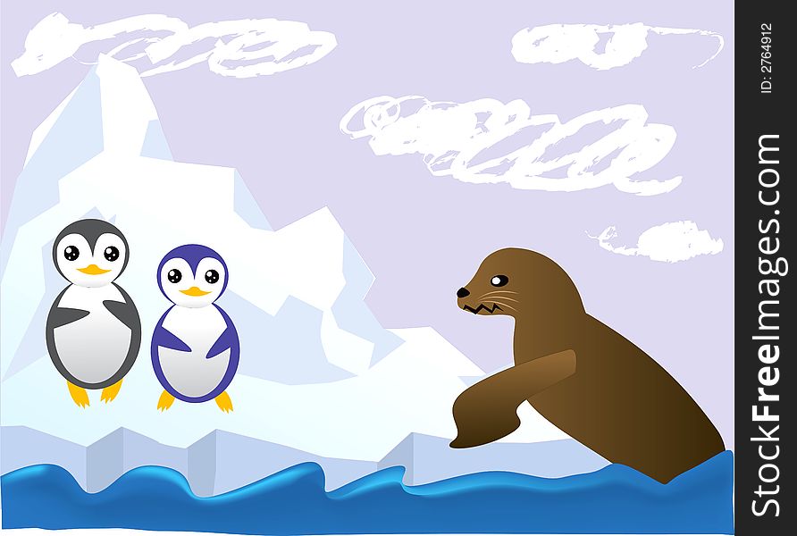 The cute penguins and seal