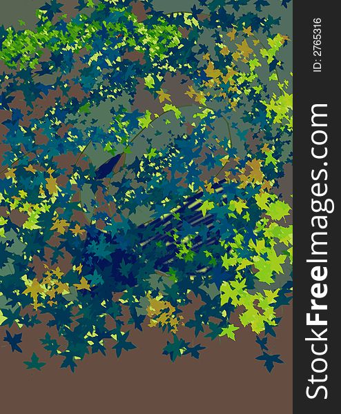 Colored background with small leaves on blue sky