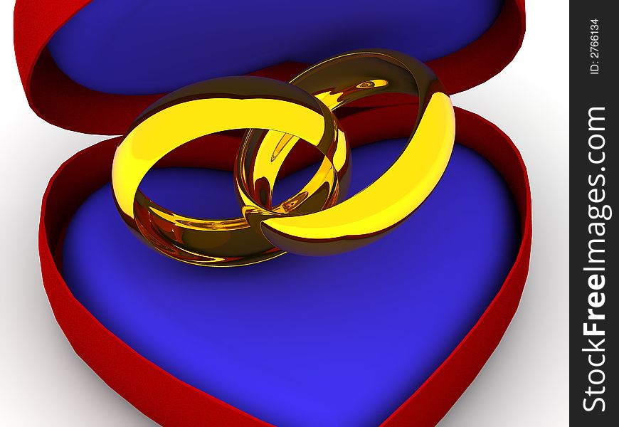 Very beautiful three-dimensional illustration, figure.Box as heart with wedding rings. 3d