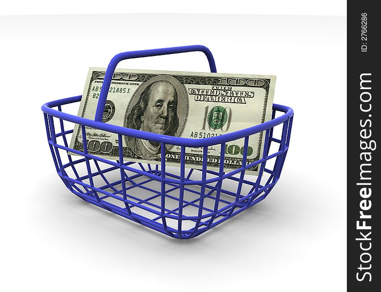 Very beautiful three-dimensional illustration, figure.Consumer's basket with handred dollars. 3d