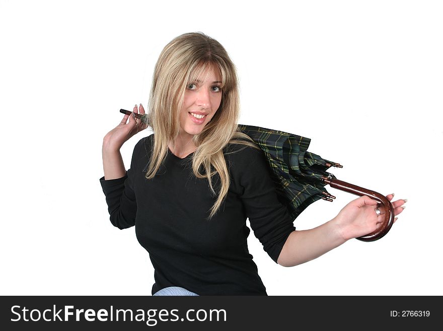 Beauty blonde girl with an umbrella on white background