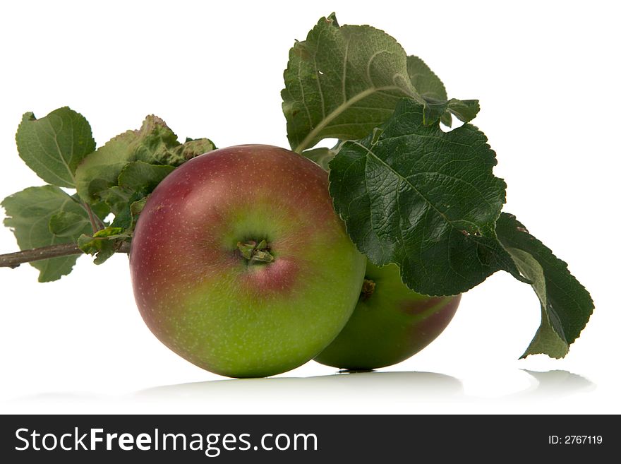 Apples and leaves isolated over white backround