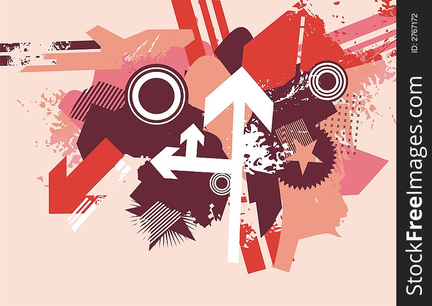 Modern grunge background with many arrows and circles,  illustration in red and rose colors. Modern grunge background with many arrows and circles,  illustration in red and rose colors.