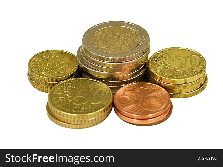 Euro coin piles isolated on white
