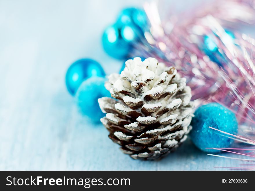 Christmas decoration with snowy cone and blue balls. Christmas decoration with snowy cone and blue balls