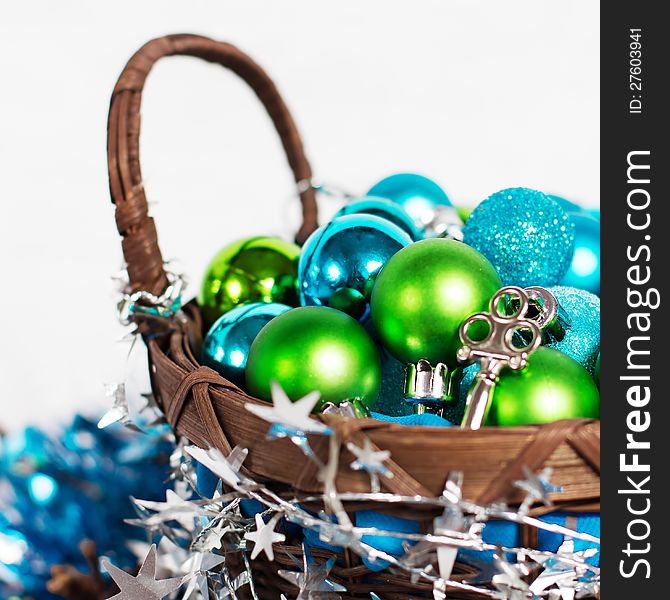 Christmas decoration with different balls and tinsel on white background