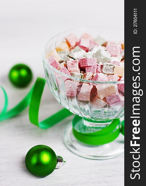 Christmas turkish delight decorated with green ribbon