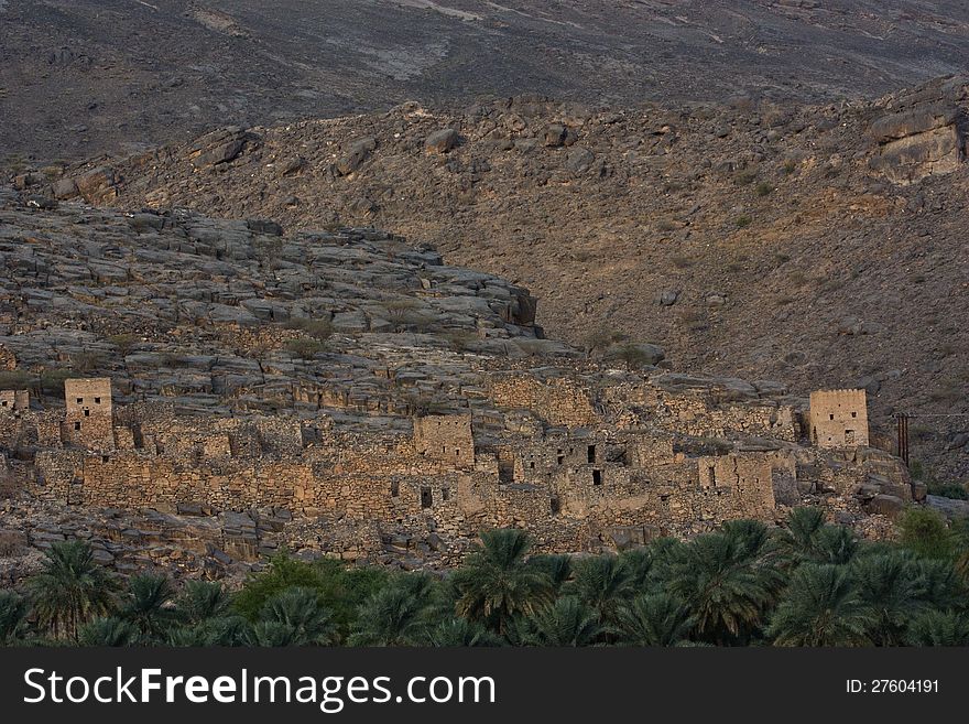 The ancient hillside village of Misfat al Abriyyin, located in the Western Hajar (South), of Oman.
