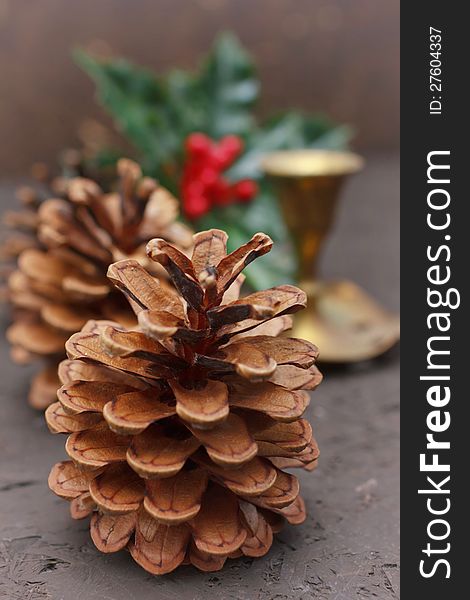 Christmas decoration with cones close-up