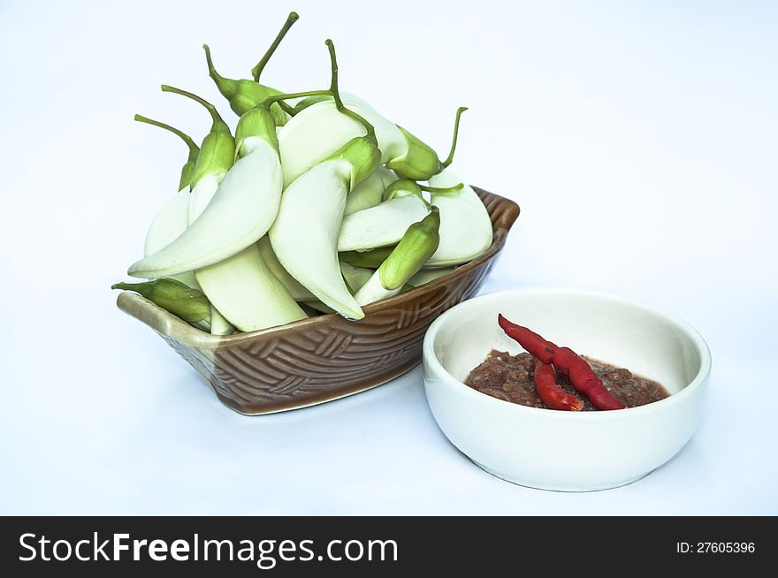 Vegetables In Ceramic Bowl And Spicy Chili Paste.
