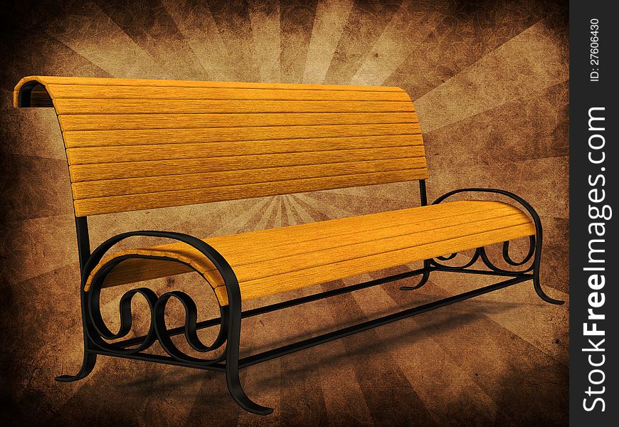 Illustration of 3d yellow park bench on grunge background.