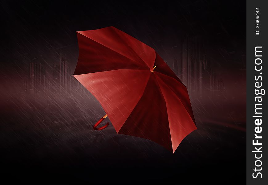 Abstract digital illustration of wet red umbrella and rainy weather.