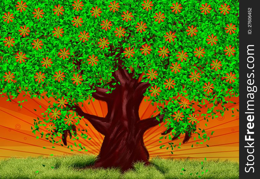 Abstract digital illustration of big tree with flowers.
