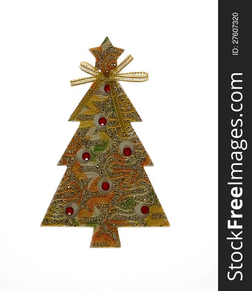 Christmas tree decoration with silver, gold, green and yellow pattern. At the top of the tree pentagonal star.