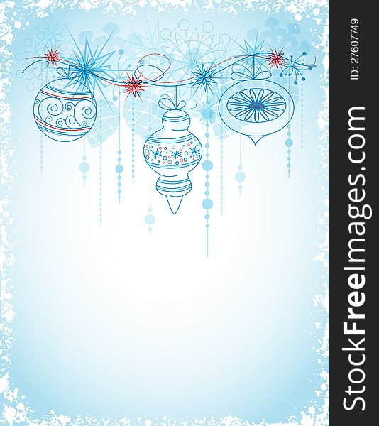 Blue vector Christmas card with decorations and snowflakes