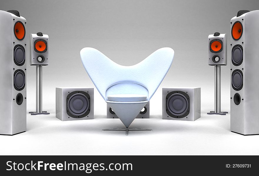 3d scene with sound speakers and white chair. 3d scene with sound speakers and white chair