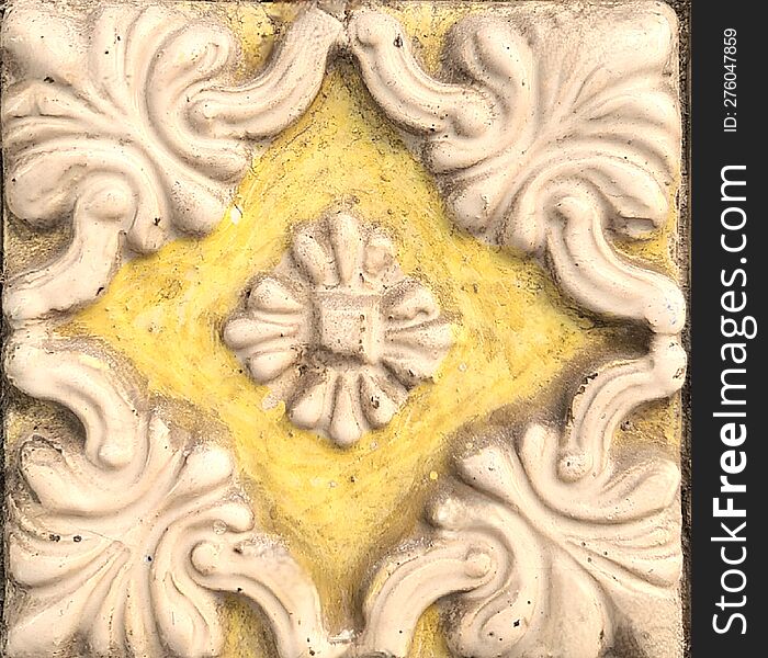 Old Portuguese Ceramic Tile With Yellow Background 3d Ornaments With White Rounded Shapes