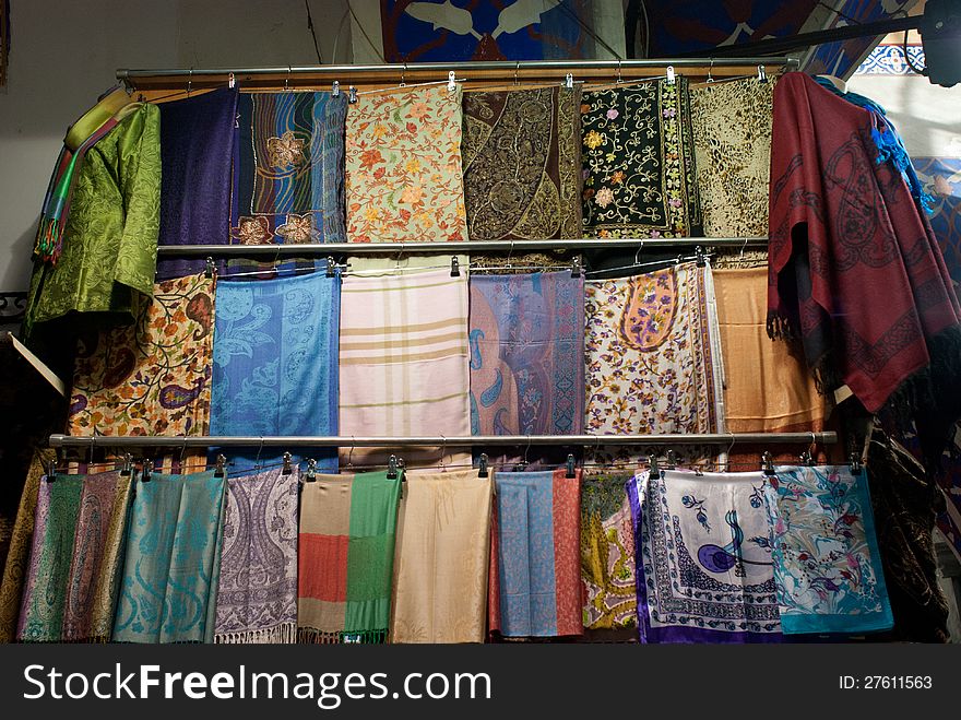 Colorful beautiful scarves for sale in a shop in Turkey