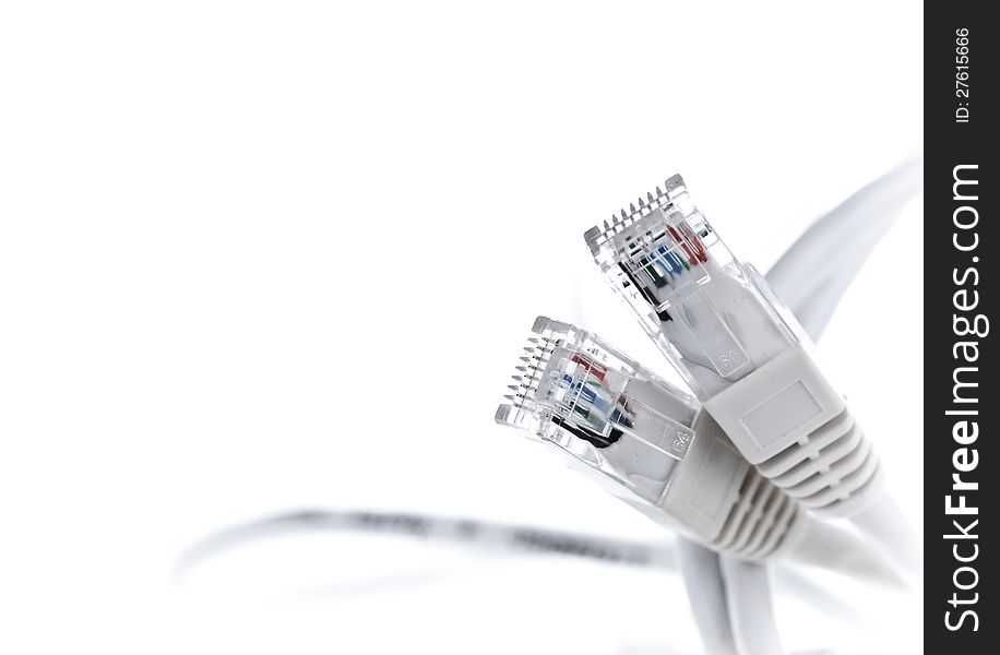 Cable and two rj45 connectors over white background, decorative technology border