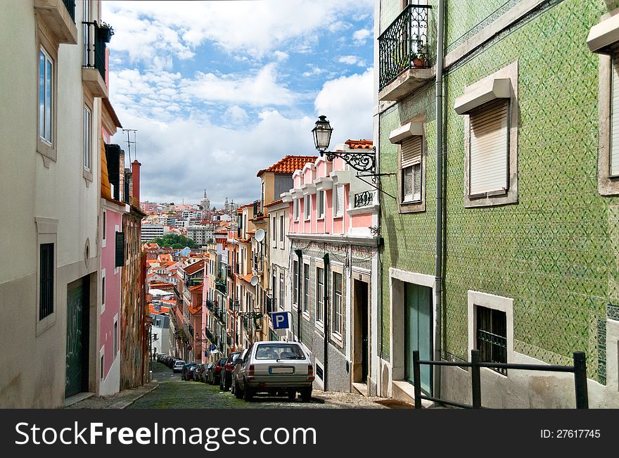 Old Lisbon street and roofs, Portugal