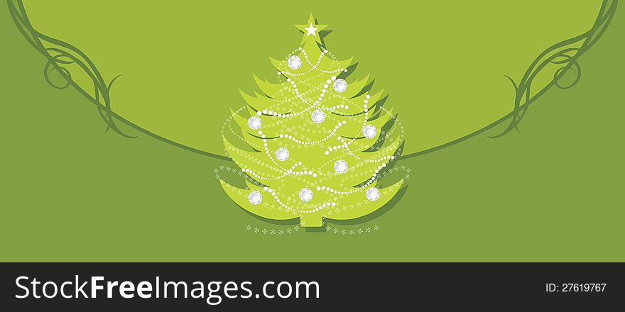 Shining Christmas fir tree on the green background. Border. Illustration