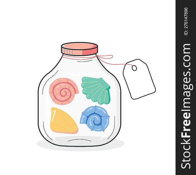 Glass Flask With Sea Shells. Vacation Memories. For A Gift Shop. Vector Cartoon Close-up. Vector