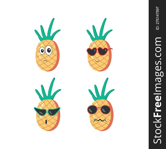 Set of cute pineapples isolated on a white background. Flat design. Vector