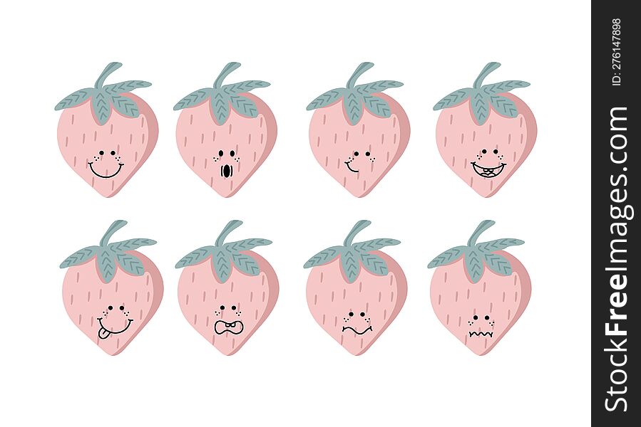 Beautiful strawberries with different emotions. Funny berries. Stickers set. Bright decorative set of design elements. All objects are separated. Drawn by hand. Vector