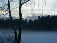 Beautiful View Of A Winter Lake. A Winter Fog And Lake Create A Dreamy Scene. Royalty Free Stock Photography