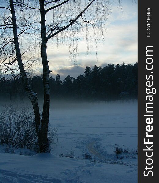 Beautiful view of a winter lake. A winter fog and lake create a dreamy scene.