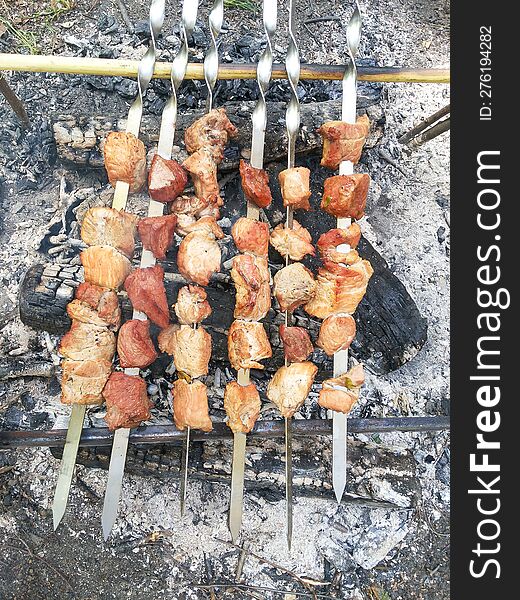 Six Skewers With Meat Are Fried On A Fire In The Forest