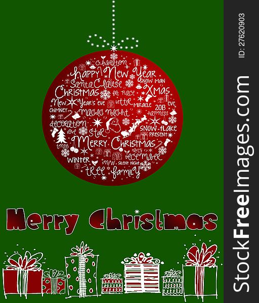Merry Christmas card. Red ball on a green background with Christmas presents. Merry Christmas wishes.