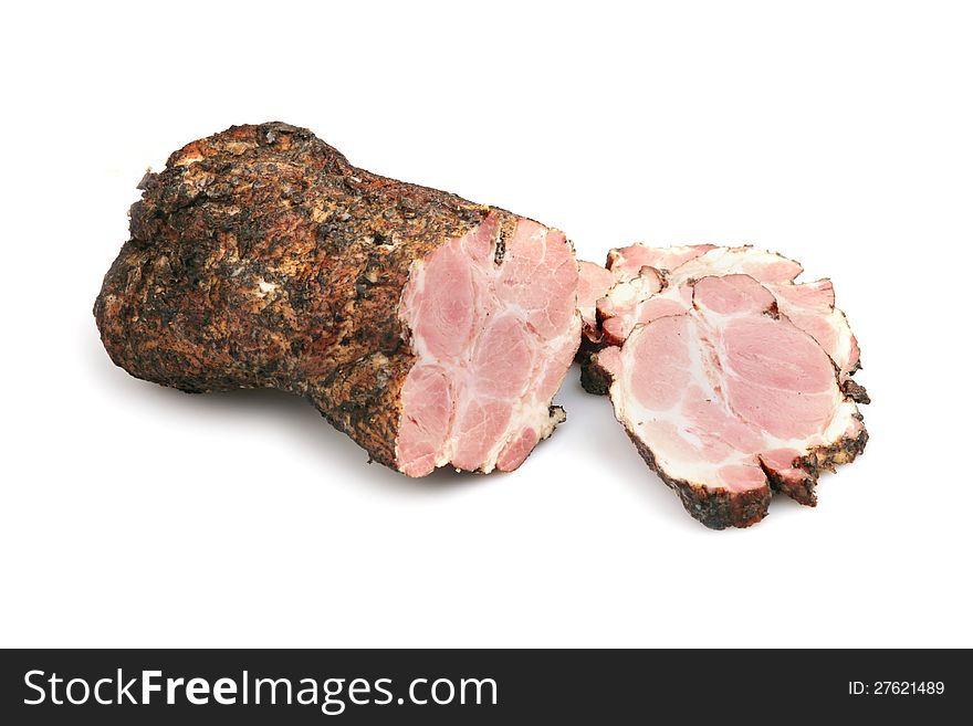 Smoked pork meat on white background