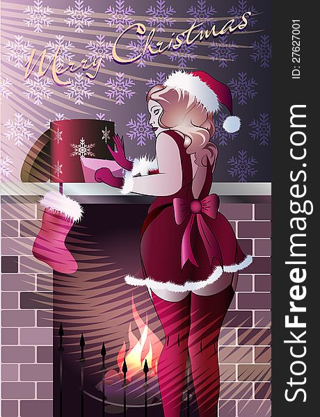 Christmas card with Mrs. Santa dressed in a suit of the Snow Maiden at a fireplace with a gift  against snowflakes wallpapers. Christmas card with Mrs. Santa dressed in a suit of the Snow Maiden at a fireplace with a gift  against snowflakes wallpapers