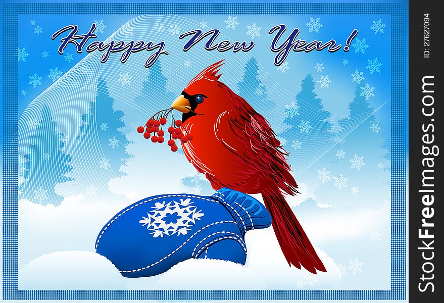 New year card with northern cardinal sitting on a blue mitten against winter forest. New year card with northern cardinal sitting on a blue mitten against winter forest