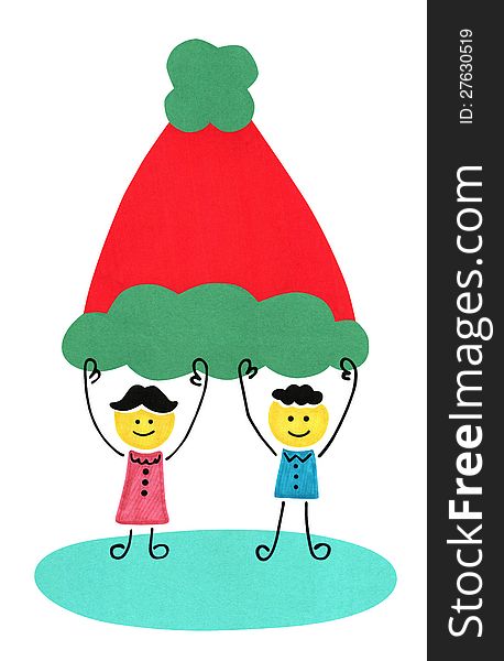 Two cartoon characters carrying a giant Santa Claus hat. Two cartoon characters carrying a giant Santa Claus hat