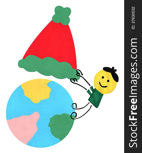 A cute cartoon character putting a Santa Claus hat on planet Earth. A cute cartoon character putting a Santa Claus hat on planet Earth