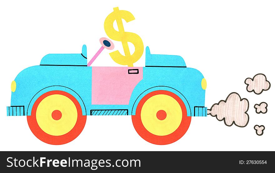 A handmade cartoon illustration of a dollar sign driving a car. A handmade cartoon illustration of a dollar sign driving a car