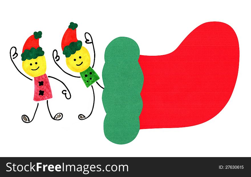 Two cartoon characters coming out from a Christmas sock