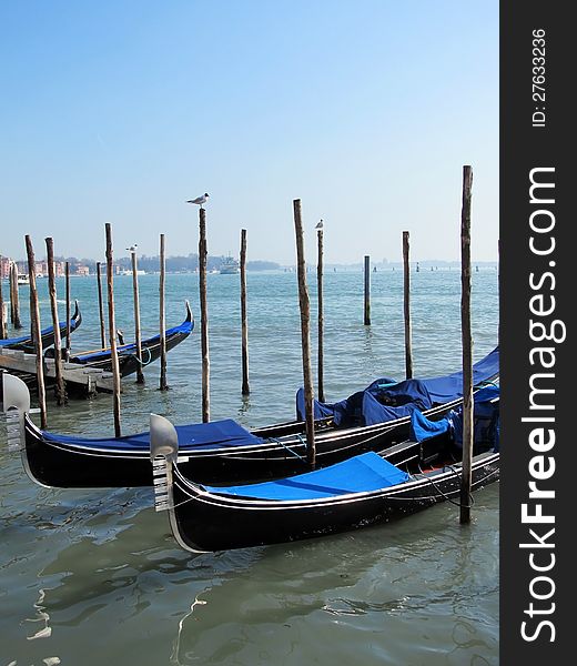 Gondolas parked on a Venetian water canal