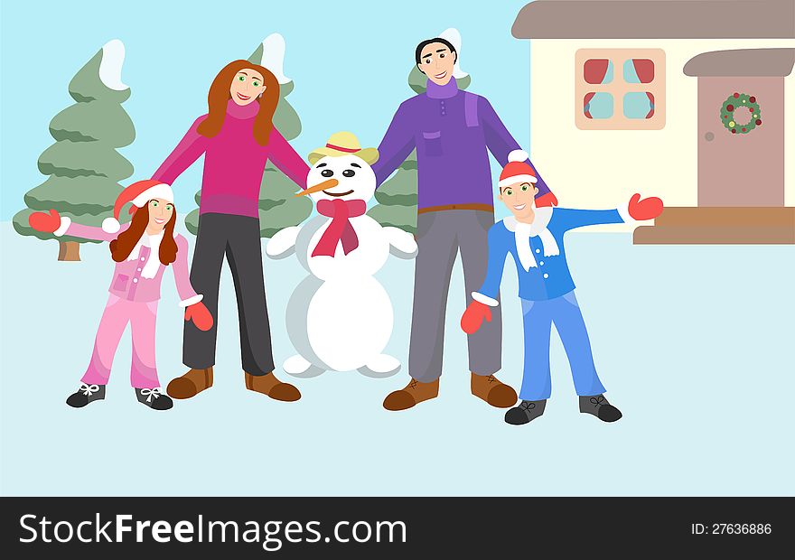 Illustration of young bright family and snowman against the wood and the house. Father, mother, daughter and son.