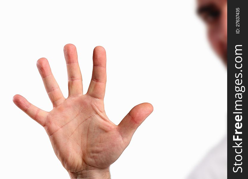 Male hand gesture number five closeup isolated on a white background. Male hand gesture number five closeup isolated on a white background