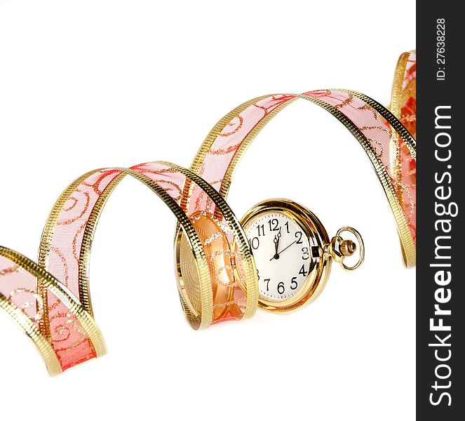 Gold Watch And Delicate Red Ribbon