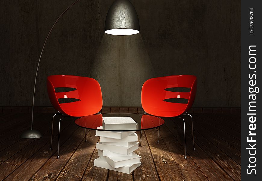 Red chairs with coffee table, a lamp.3d rendering.