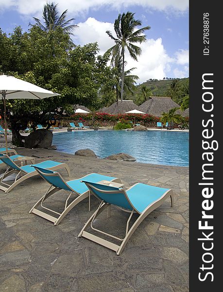 Resort swimming pool with chairs and palm trees