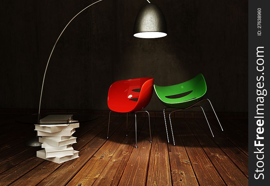 Red and green chair by the coffee table, and lamp from the metal.3d rendering