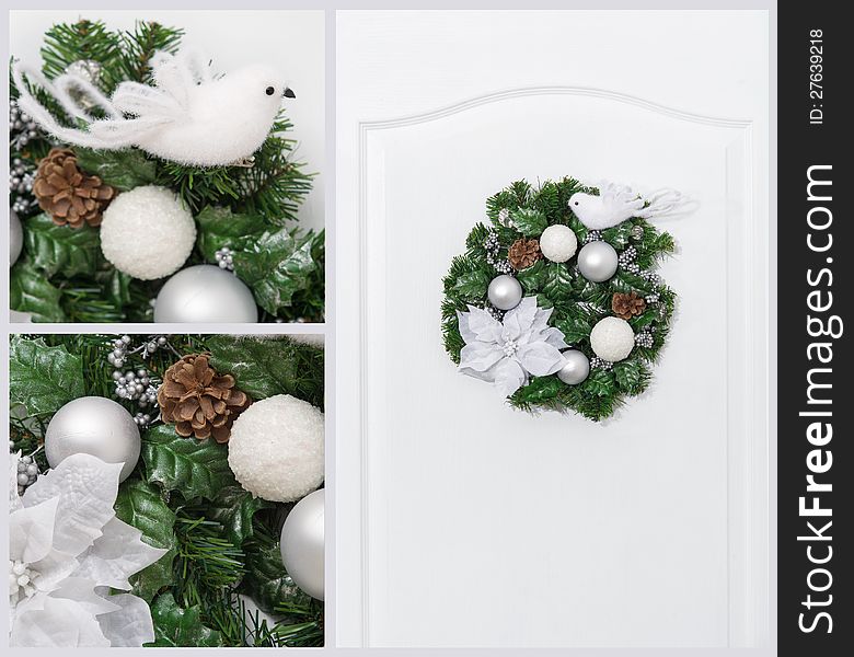 Green and white collage with Christmas artificial pine wreath with berries and cones. Green and white collage with Christmas artificial pine wreath with berries and cones