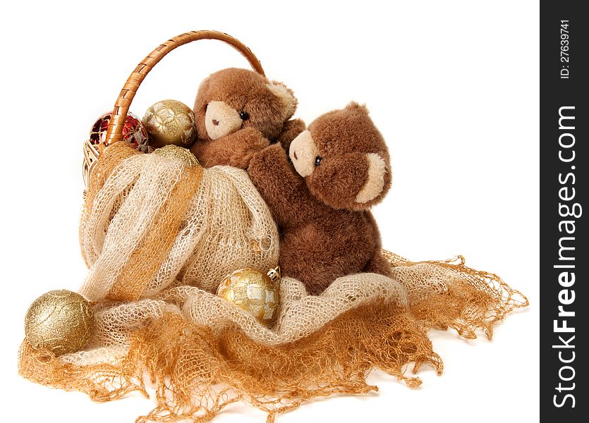 In a basket of fluffy wool shawl and toys for the Christmas tree. In a basket of fluffy wool shawl and toys for the Christmas tree.