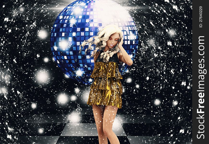 Illustration of 3d girl in golden dress on disco party background.